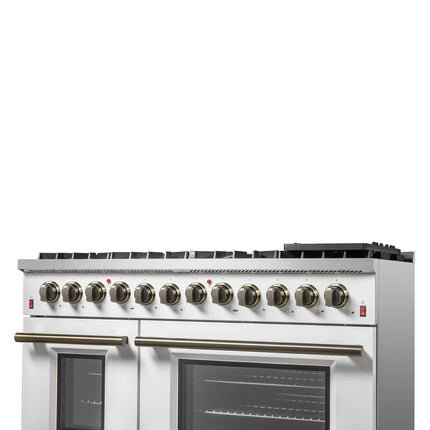 Galiano 48-inch Dual Fuel Range White & Antique Brass Design with 8 Sealed Burners 107,000 BTU, 6.58 cu. ft. double ovens & Griddle FORNO