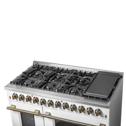 Galiano 48-inch Dual Fuel Range White & Antique Brass Design with 8 Sealed Burners 107,000 BTU, 6.58 cu. ft. double ovens & Griddle FORNO