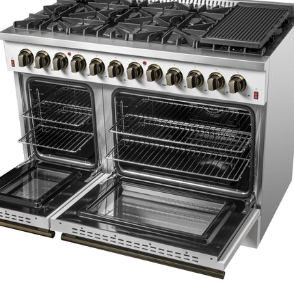 Galiano 48-inch Dual Fuel Range White & Antique Brass Design with 8 Sealed Burners 107,000 BTU, 6.58 cu. ft. double ovens & Griddle FORNO