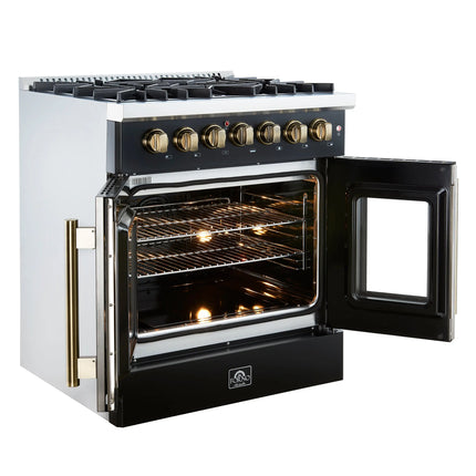 Forno Galiano 30-inch Freestanding French Door Dual Fuel Range Black FORNO
