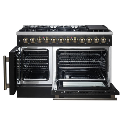 Forno Galiano 48-inch French Door Dual Fuel Range, Black & Antique Brass Design, 8 Sealed Burners - 107,000 BTU, Griddle, 6.58 cu.ft. Double Ovens FORNO