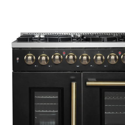 Forno Galiano 48-inch French Door Dual Fuel Range, Black & Antique Brass Design, 8 Sealed Burners - 107,000 BTU, Griddle, 6.58 cu.ft. Double Ovens FORNO
