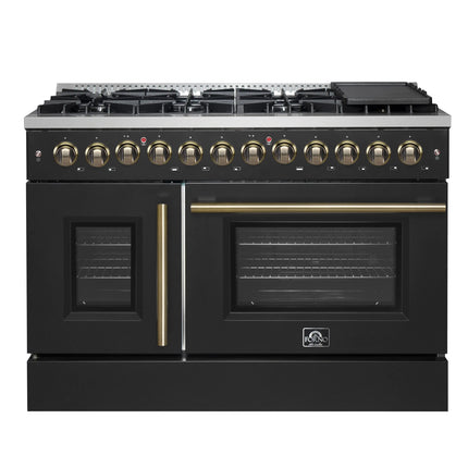 Forno Galiano 48-inch French Door Dual Fuel Range, Black & Antique Brass Design, 8 Sealed Burners - 107,000 BTU, Griddle, 6.58 cu.ft. Double Ovens FORNO