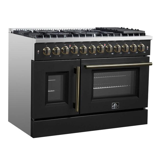 Forno Galiano 48-inch French Door Dual Fuel Range, Black & Antique Brass Design, 8 Sealed Burners - 107,000 BTU, Griddle, 6.58 cu.ft. Double Ovens FORNO