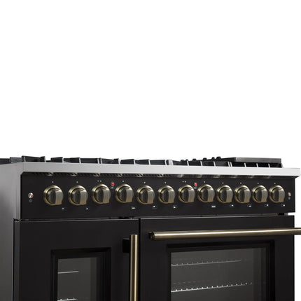 Forno Galiano 48-inch French Door Dual Fuel Range, Black & Antique Brass Design, 8 Sealed Burners - 107,000 BTU, Griddle, 6.58 cu.ft. Double Ovens FORNO