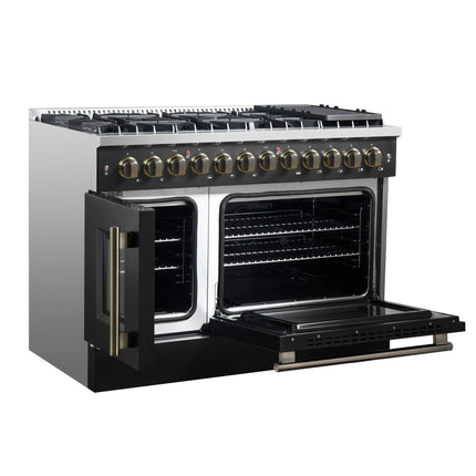 Forno Galiano 48-inch French Door Dual Fuel Range, Black & Antique Brass Design, 8 Sealed Burners - 107,000 BTU, Griddle, 6.58 cu.ft. Double Ovens FORNO