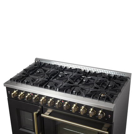 Forno Galiano 48-inch French Door Dual Fuel Range, Black & Antique Brass Design, 8 Sealed Burners - 107,000 BTU, Griddle, 6.58 cu.ft. Double Ovens FORNO