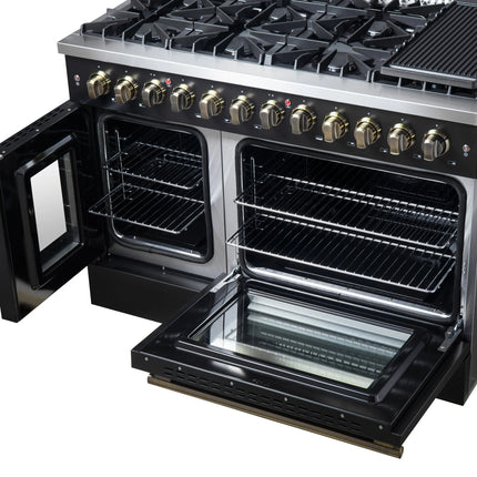 Forno Galiano 48-inch French Door Dual Fuel Range, Black & Antique Brass Design, 8 Sealed Burners - 107,000 BTU, Griddle, 6.58 cu.ft. Double Ovens FORNO
