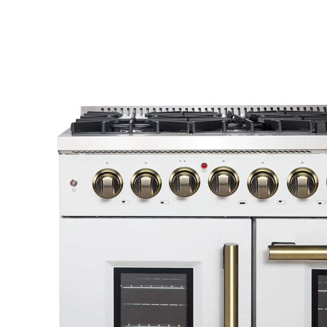 Forno Galiano 48-inch French Door Dual Fuel Range, White & Antique Brass Design, 8 Sealed Burners - 107,000 BTU, Griddle, 6.58 cu.ft. Double Ovens FORNO