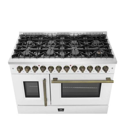 Forno Galiano 48-inch French Door Dual Fuel Range, White & Antique Brass Design, 8 Sealed Burners - 107,000 BTU, Griddle, 6.58 cu.ft. Double Ovens FORNO