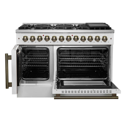 Forno Galiano 48-inch French Door Dual Fuel Range, White & Antique Brass Design, 8 Sealed Burners - 107,000 BTU, Griddle, 6.58 cu.ft. Double Ovens FORNO