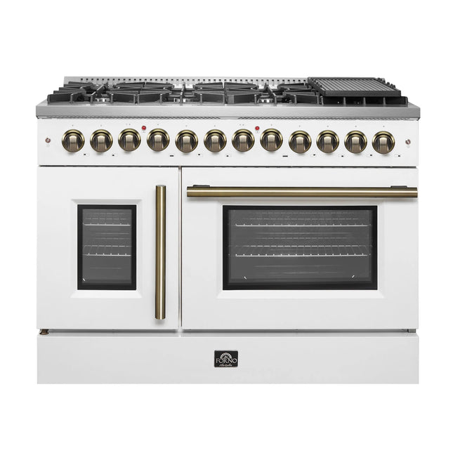 Forno Galiano 48-inch French Door Dual Fuel Range, White & Antique Brass Design, 8 Sealed Burners - 107,000 BTU, Griddle, 6.58 cu.ft. Double Ovens FORNO