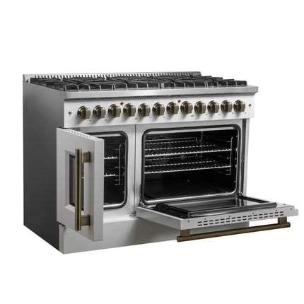 Forno Galiano 48-inch French Door Dual Fuel Range, White & Antique Brass Design, 8 Sealed Burners - 107,000 BTU, Griddle, 6.58 cu.ft. Double Ovens FORNO