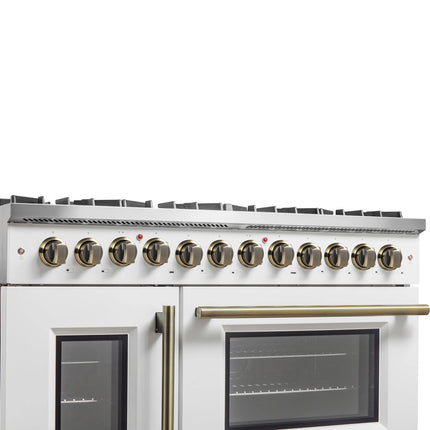 Forno Galiano 48-inch French Door Dual Fuel Range, White & Antique Brass Design, 8 Sealed Burners - 107,000 BTU, Griddle, 6.58 cu.ft. Double Ovens FORNO