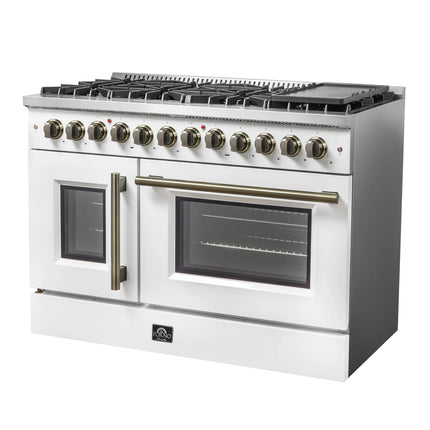 Forno Galiano 48-inch French Door Dual Fuel Range, White & Antique Brass Design, 8 Sealed Burners - 107,000 BTU, Griddle, 6.58 cu.ft. Double Ovens FORNO