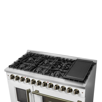 Forno Galiano 48-inch French Door Dual Fuel Range, White & Antique Brass Design, 8 Sealed Burners - 107,000 BTU, Griddle, 6.58 cu.ft. Double Ovens FORNO