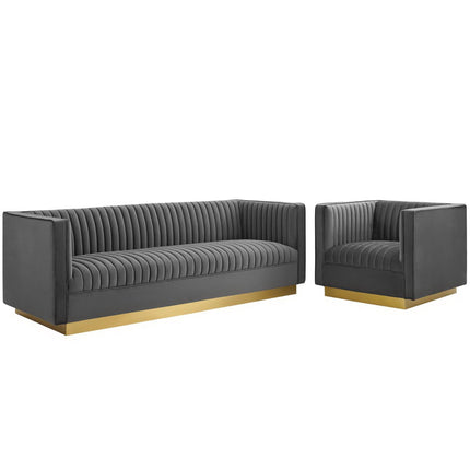 Modway EEI-4143 Sanguine Vertical Channel Tufted Upholstered Performance Velvet Sofa and Armchair Set Modway