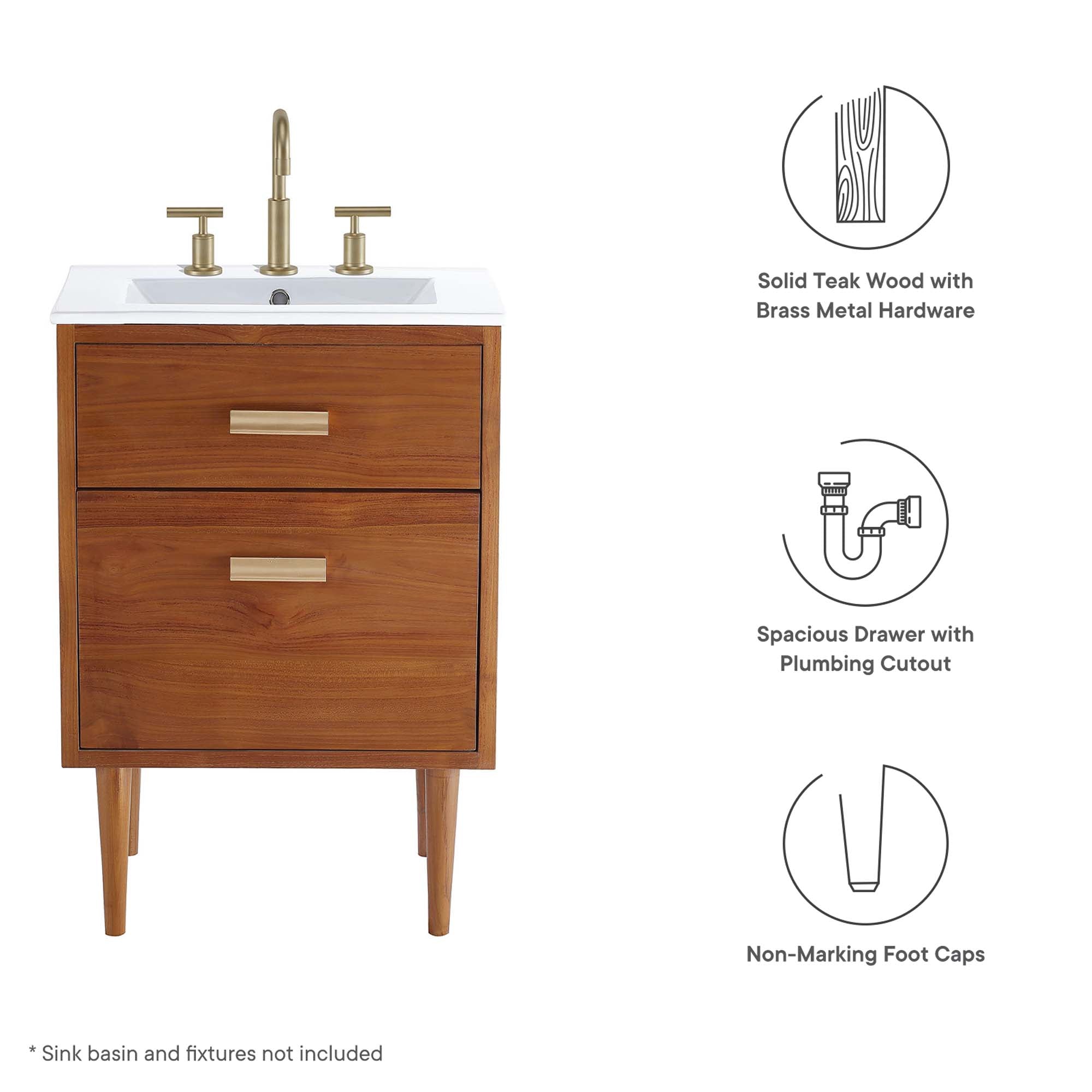 Modway EEI-5082 Cassia 24" Teak Wood Bathroom Vanity Cabinet (Sink Basin Not Included)