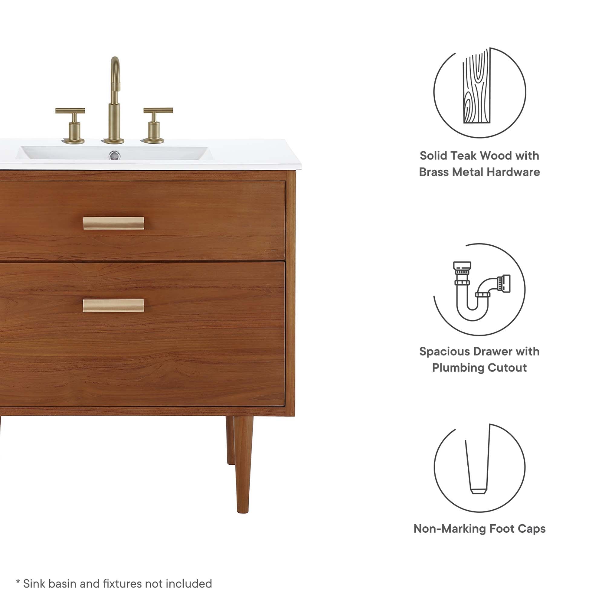 Modway EEI-5083 Cassia 36" Teak Wood Bathroom Vanity Cabinet (Sink Basin Not Included)