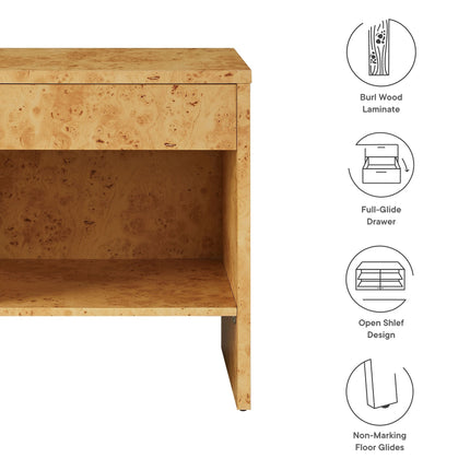 Modway EEI-6856 Hudson 1-Drawer Burl Wood Nightstand With Shelf Modway