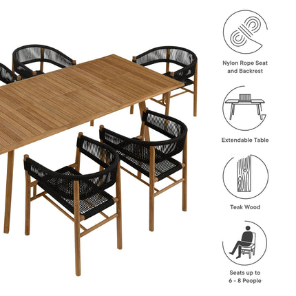 Modway EEI-6930 Vienna 7-Piece Outdoor Patio Teak and Rope Dining Set with Curved-Back Armchairs Modway