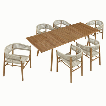 Modway EEI-6930 Vienna 7-Piece Outdoor Patio Teak and Rope Dining Set with Curved-Back Armchairs Modway