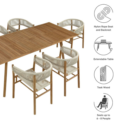 Modway EEI-6930 Vienna 7-Piece Outdoor Patio Teak and Rope Dining Set with Curved-Back Armchairs Modway