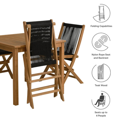 Modway EEI-6932 Vienna 5-Piece Outdoor Patio Teak Wood Dining Set with Rope Folding Chairs Modway