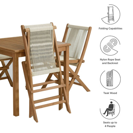 Modway EEI-6932 Vienna 5-Piece Outdoor Patio Teak Wood Dining Set with Rope Folding Chairs Modway
