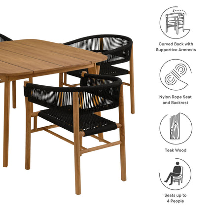 Modway EEI-6933 Vienna 5-Piece Outdoor Patio Teak and Rope Dining Set with Curved-Back Armchairs Modway