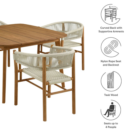 Modway EEI-6933 Vienna 5-Piece Outdoor Patio Teak and Rope Dining Set with Curved-Back Armchairs Modway
