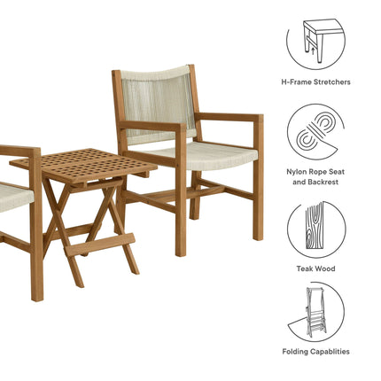 Modway EEI-6936 Vienna 3-Piece Outdoor Patio Teak and Rope Armchairs with Folding Side Table Modway