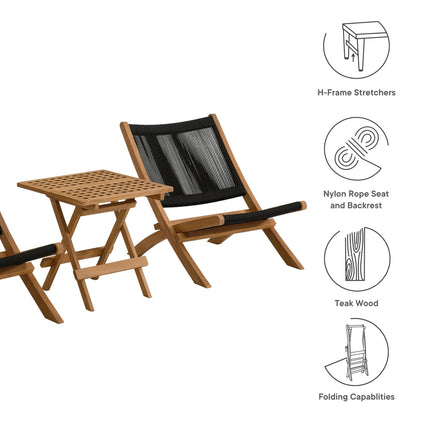 Modway EEI-6937 Vienna 3-Piece Outdoor Patio Teak and Rope Folding Lounge Chairs and Side Table Modway