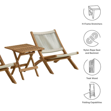 Modway EEI-6937 Vienna 3-Piece Outdoor Patio Teak and Rope Folding Lounge Chairs and Side Table Modway