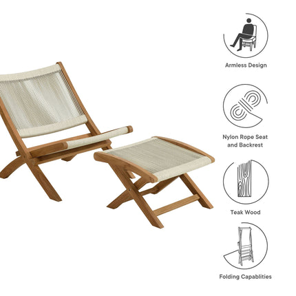 Modway EEI-6938 Vienna 2-Piece Outdoor Patio Teak and Rope Folding Accent Lounge Chair and Ottoman Set Modway