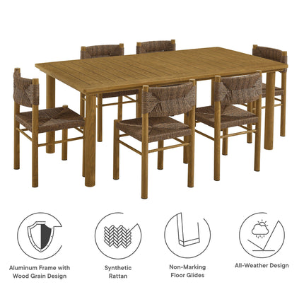 Modway EEI-7064 Parkland 7-Piece Rectangular Outdoor Patio Rattan and Aluminum Dining Table and Chairs Set Modway