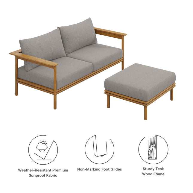 Modway EEI-7066 Wren 2-Piece Outdoor Patio Teak Wood Sofa and Ottoman Set Modway