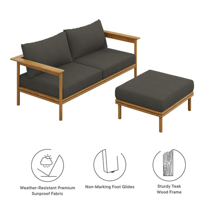 Modway EEI-7066 Wren 2-Piece Outdoor Patio Teak Wood Sofa and Ottoman Set Modway