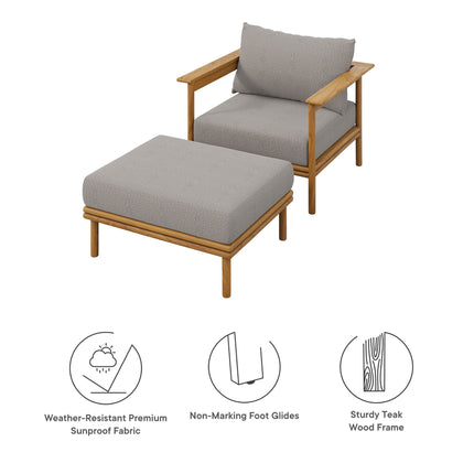 Modway EEI-7067 Wren Outdoor Patio Teak Wood Armchair and Ottoman Set Modway