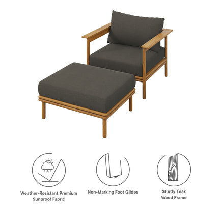 Modway EEI-7067 Wren Outdoor Patio Teak Wood Armchair and Ottoman Set Modway
