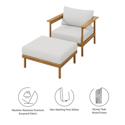 Modway EEI-7067 Wren Outdoor Patio Teak Wood Armchair and Ottoman Set Modway