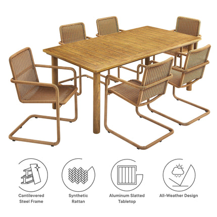 Modway EEI-7073 Abacus 7-Piece Rectangular Outdoor Patio Aluminum Dining Table Set with Rattan Armchairs Modway