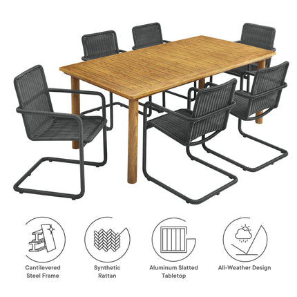 Modway EEI-7073 Abacus 7-Piece Rectangular Outdoor Patio Aluminum Dining Table Set with Rattan Armchairs Modway