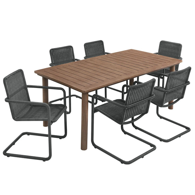Modway EEI-7073 Abacus 7-Piece Rectangular Outdoor Patio Aluminum Dining Table Set with Rattan Armchairs Modway