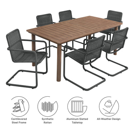 Modway EEI-7073 Abacus 7-Piece Rectangular Outdoor Patio Aluminum Dining Table Set with Rattan Armchairs Modway