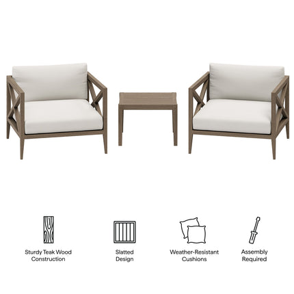 Modway EEI-7275 Northlake 3-Piece Outdoor Patio Teak Wood Furniture Set with Armchair and Side Table Modway
