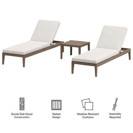 Modway EEI-7276 Northlake 3-Piece Outdoor Patio Teak Wood Furniture Set with Chaise Lounges and Side Table Modway