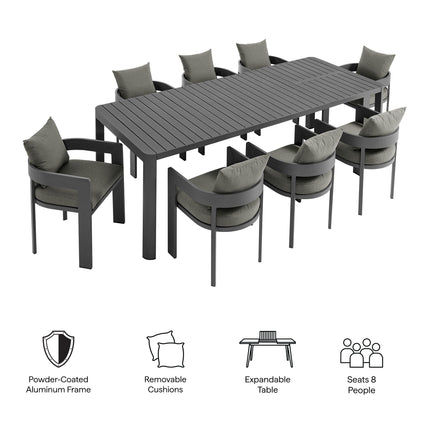 Modway EEI-7295 Tahoe 9-Piece Outdoor Patio Aluminum Dining Set With Extendable Table - Plaza Home Decor