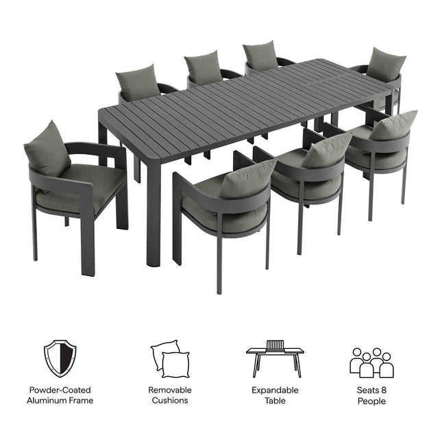 Modway EEI-7295 Tahoe 9-Piece Outdoor Patio Aluminum Dining Set With Extendable Table - Plaza Home Decor