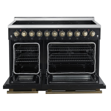 Forno Paolo 48 Inch Freestanding Electric Range in Black with Antique Brass, 6.7 cu.ft, True Convection Oven, Energy Efficient FORNO